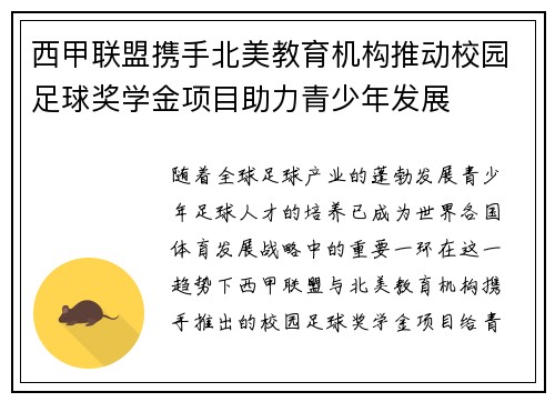 西甲联盟携手北美教育机构推动校园足球奖学金项目助力青少年发展