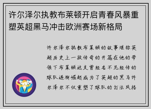 许尔泽尔执教布莱顿开启青春风暴重塑英超黑马冲击欧洲赛场新格局