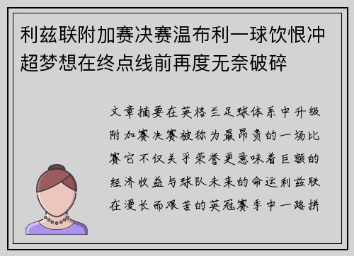 利兹联附加赛决赛温布利一球饮恨冲超梦想在终点线前再度无奈破碎