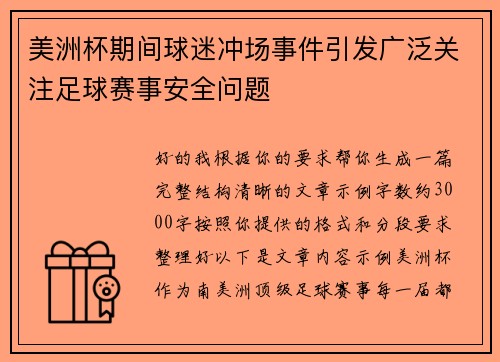 美洲杯期间球迷冲场事件引发广泛关注足球赛事安全问题